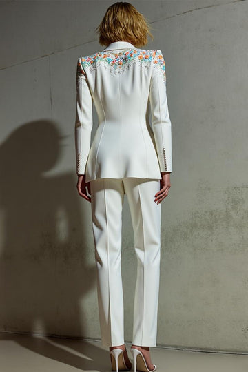 Blanc 2 Pièces Châle Revers Femmes Costumes avec Poches
